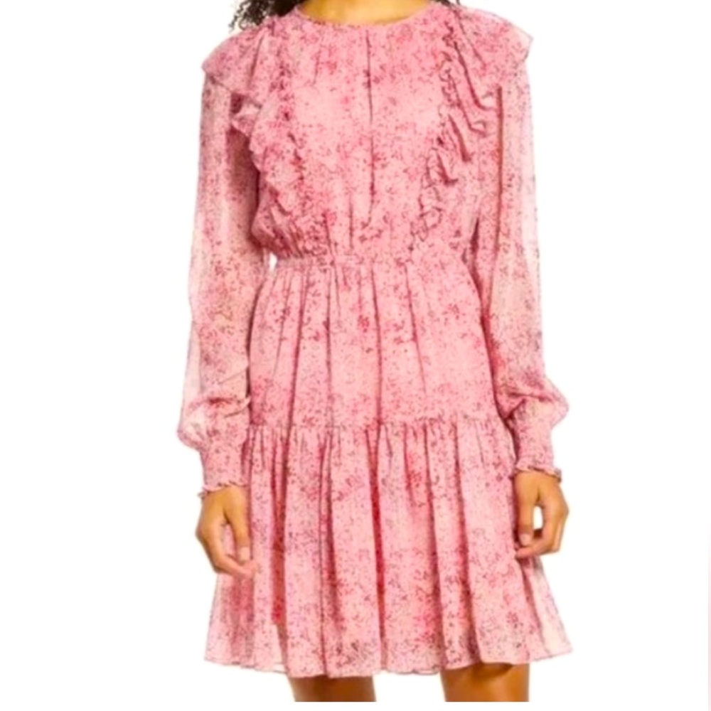 Rachel parcell pink ditzy floral cottagecore puff sleeve ruffle mini dress